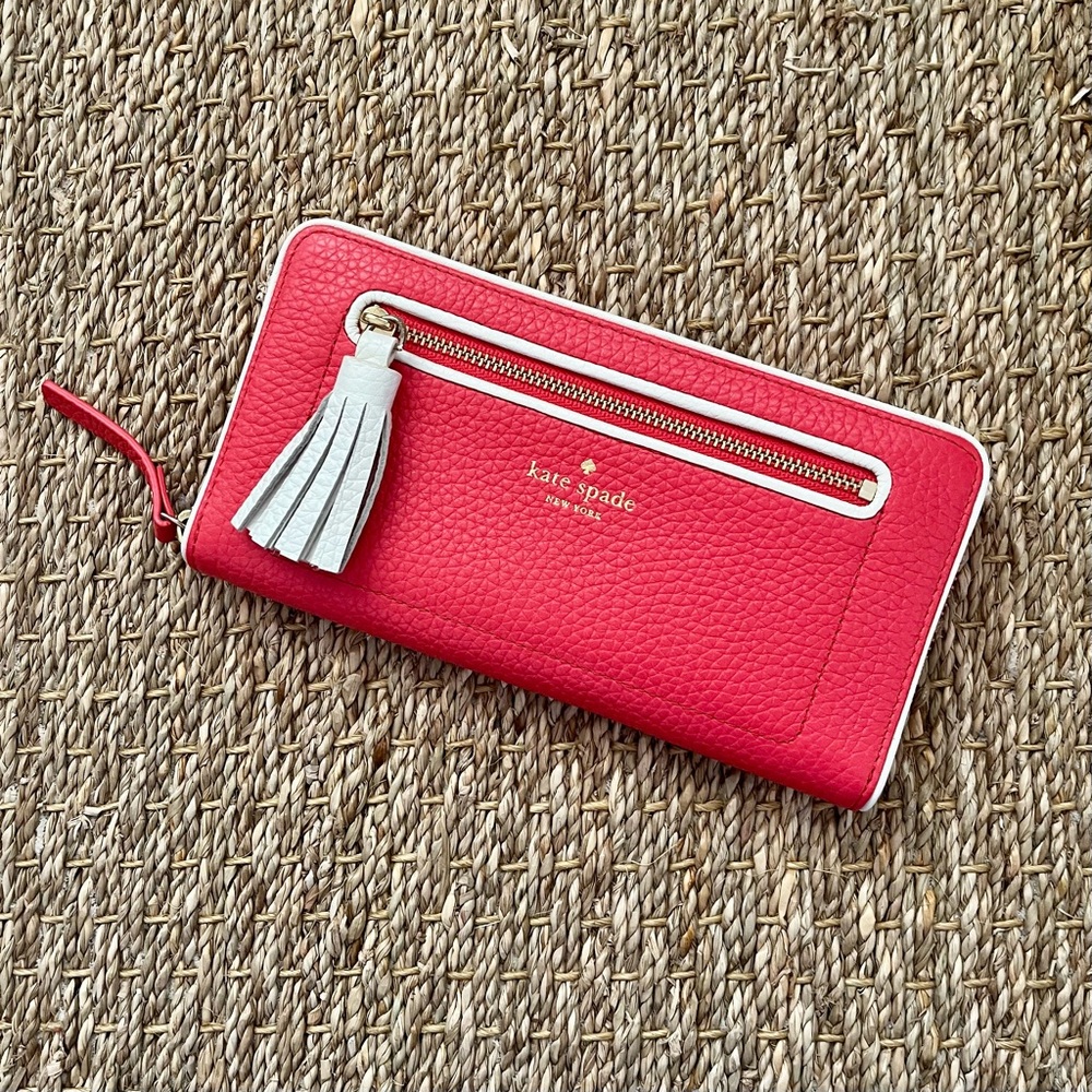 Kate Spade Poppy Pink and White Tasselled Leather Clutch
